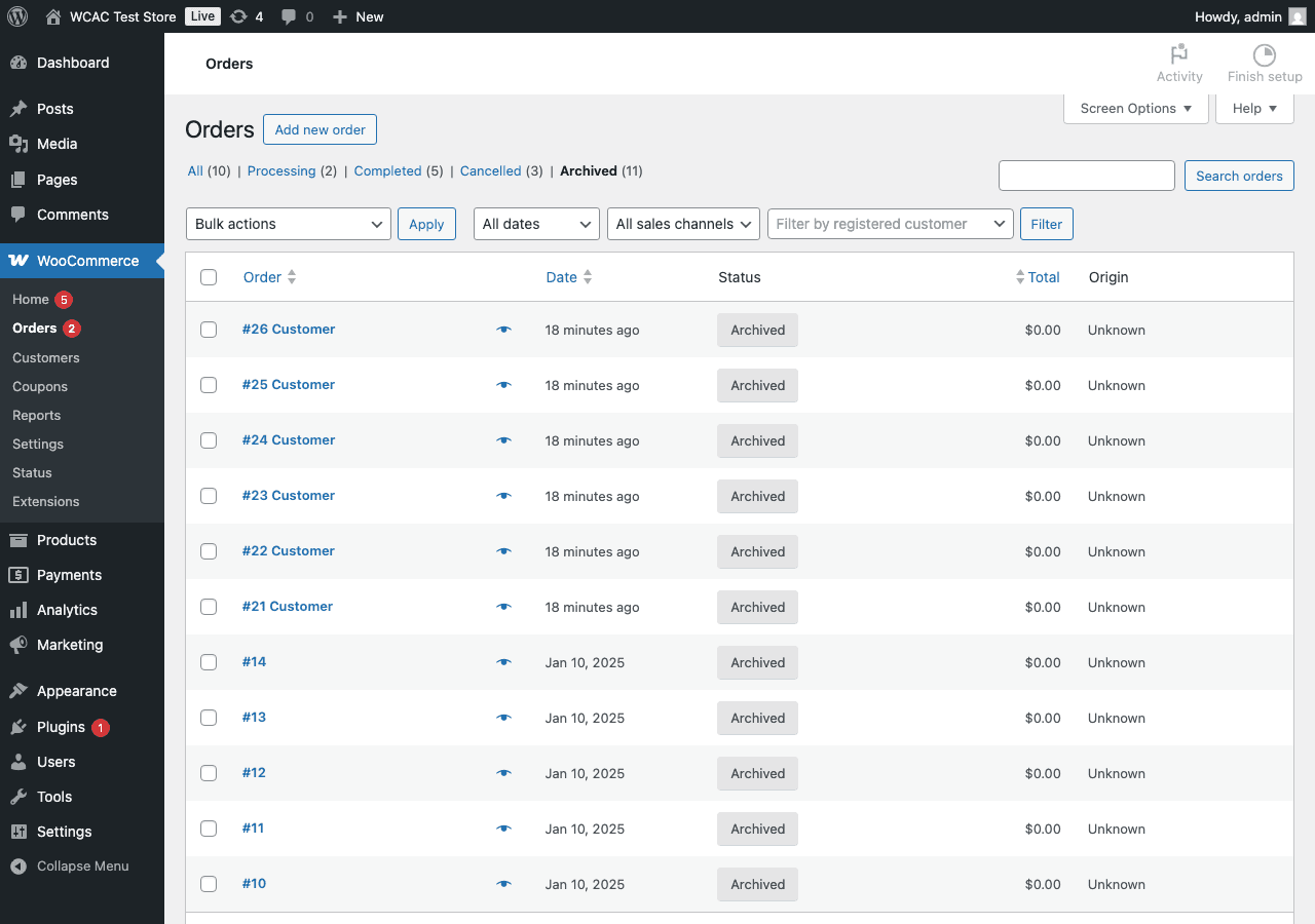WooCommerce orders list with Archived tab active
